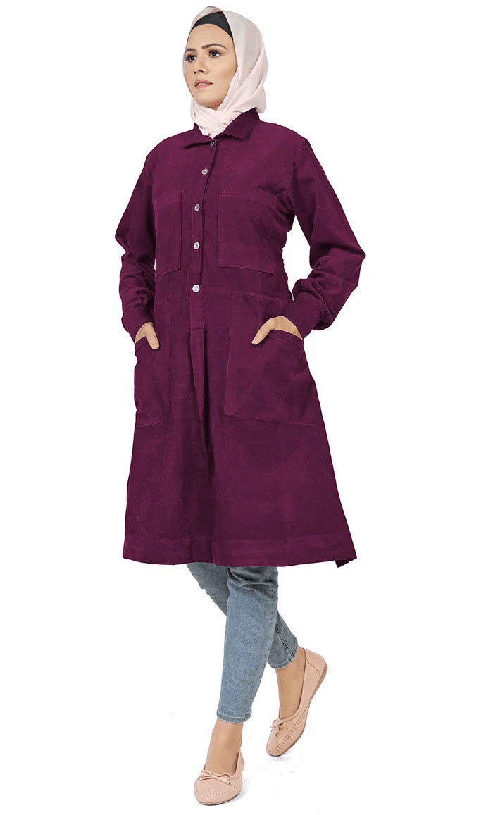 Women's Islamic Warm Corduroy Collar Button Wine Long Tunic - EastEssence.com