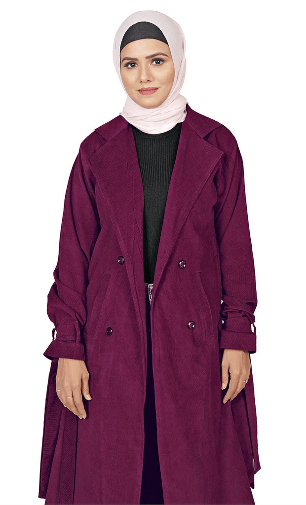 Women's Islamic Wine Corduroy Jilbab With adjustable Belt - EastEssence.com