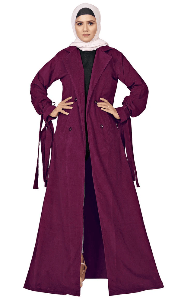 Women's Islamic Wine Corduroy Jilbab With adjustable Belt - EastEssence.com