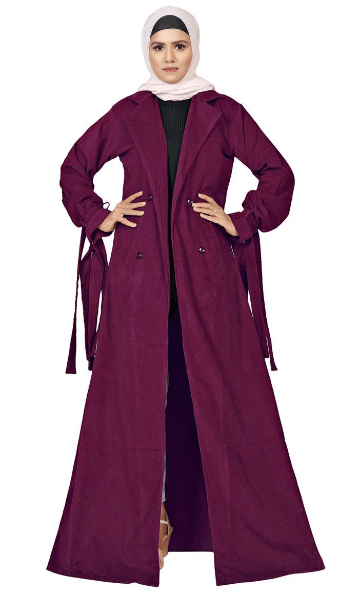Women's Islamic Wine Corduroy Jilbab With adjustable Belt - EastEssence.com