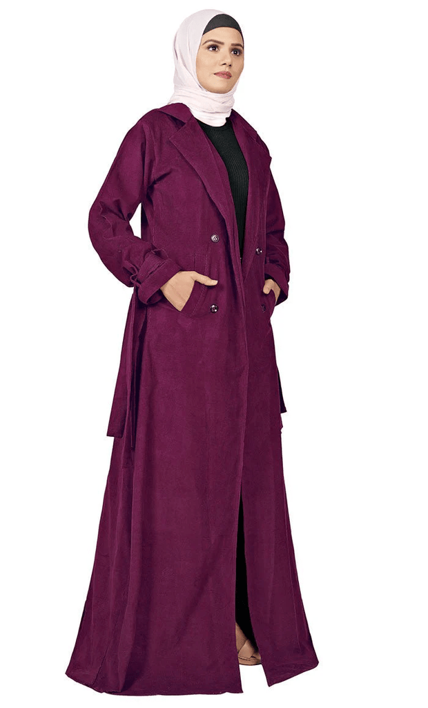 Women's Islamic Wine Corduroy Jilbab With adjustable Belt - EastEssence.com