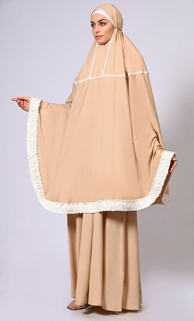 Women's Sand Khimar Ensemble Enhanced by Satin Frill Lace - EastEssence.com