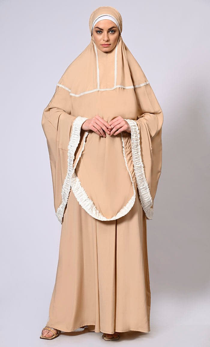 Women’s Sand Khimar Ensemble Enhanced By Satin Frill Lace