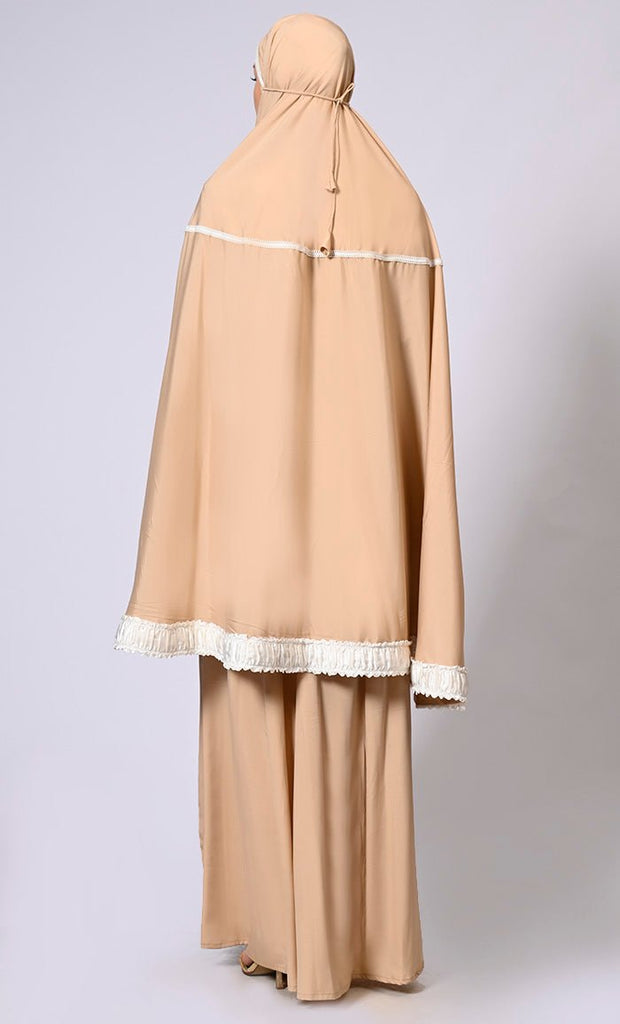 Women's Sand Khimar Ensemble Enhanced by Satin Frill Lace - EastEssence.com