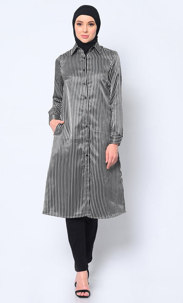 Women's Striped Shirt Tunic With Dual Pockets - EastEssence.com