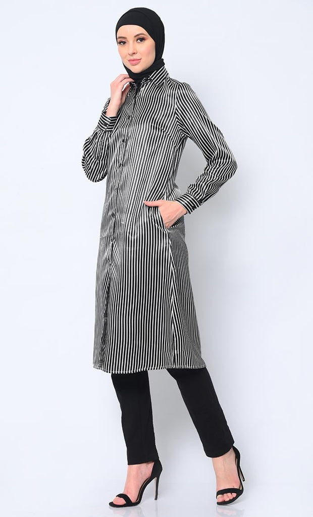 Women's Striped Shirt Tunic With Dual Pockets - EastEssence.com