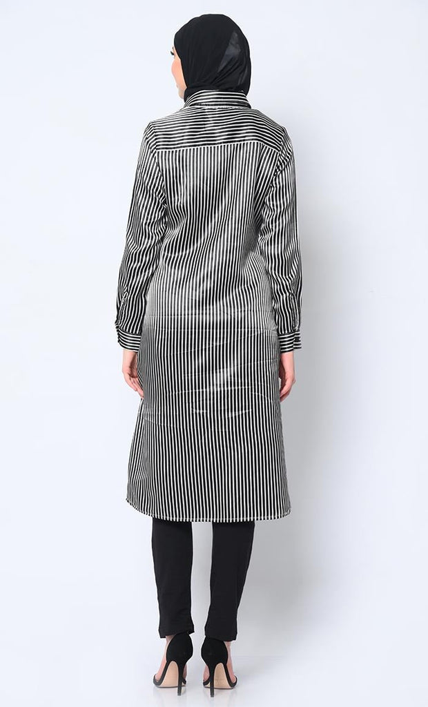 Women's Striped Shirt Tunic With Dual Pockets - EastEssence.com