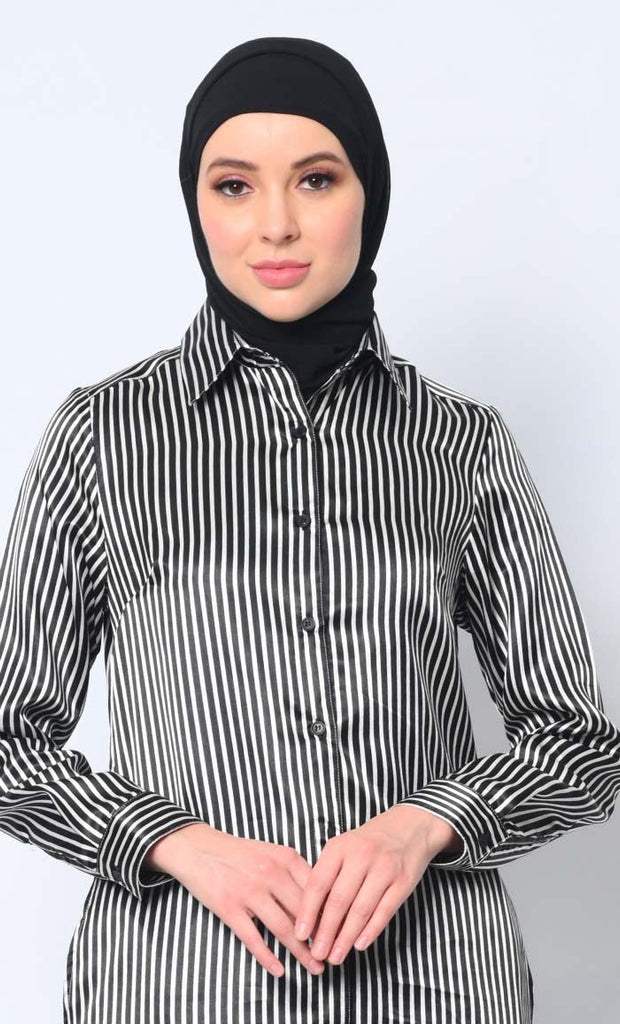 Women's Striped Shirt Tunic With Dual Pockets - EastEssence.com