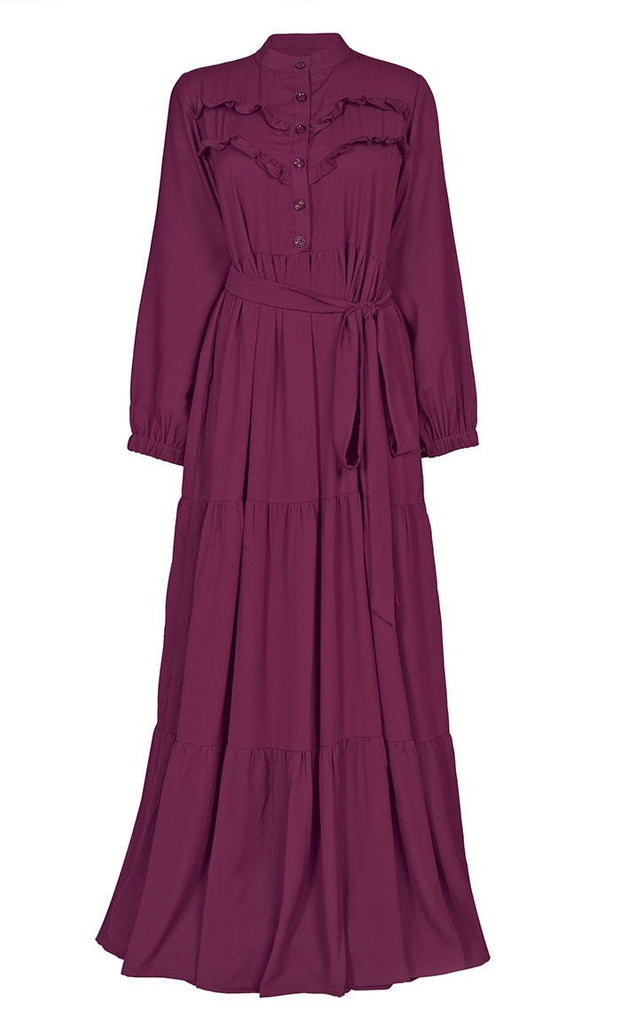 Women's Summer Cool Wine Tiered And Frill Detailing Abaya - Final Sale - EastEssence.com