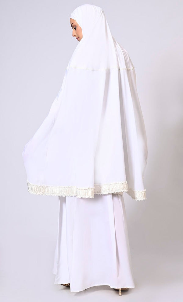 Women's White Khimar Ensemble Enhanced by Satin Frill Lace - EastEssence.com