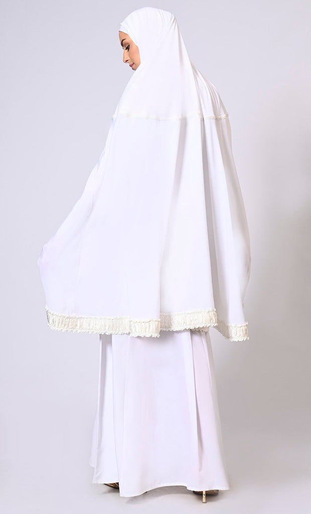 Women's White Khimar Ensemble Enhanced by Satin Frill Lace - EastEssence.com