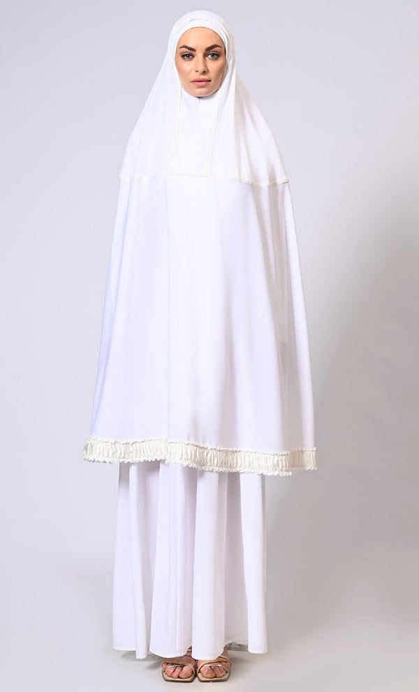 Women's White Khimar Ensemble Enhanced by Satin Frill Lace - EastEssence.com