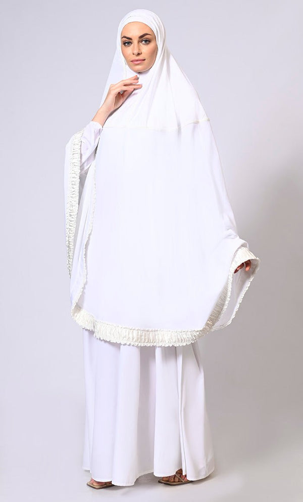 Women's White Khimar Ensemble Enhanced by Satin Frill Lace - EastEssence.com