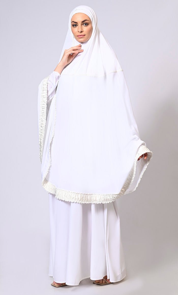 Women's White Khimar Ensemble Enhanced by Satin Frill Lace - Final Sale - EastEssence.com
