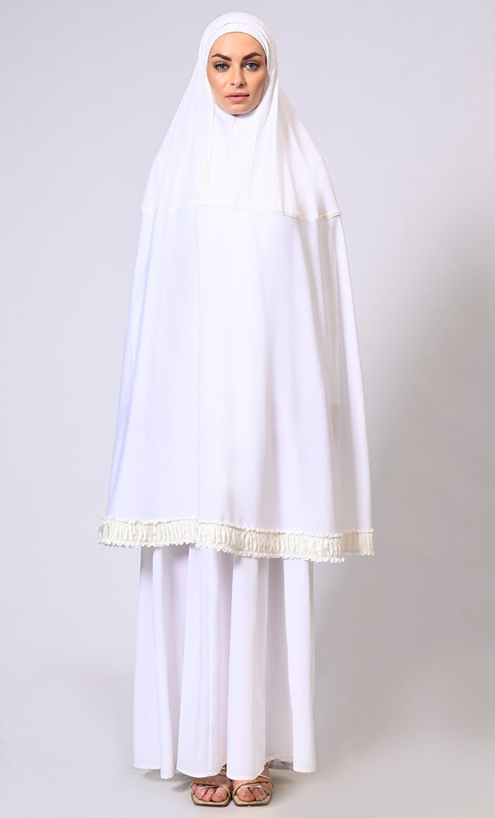 Women's White Khimar Ensemble Enhanced by Satin Frill Lace - Final Sale - EastEssence.com