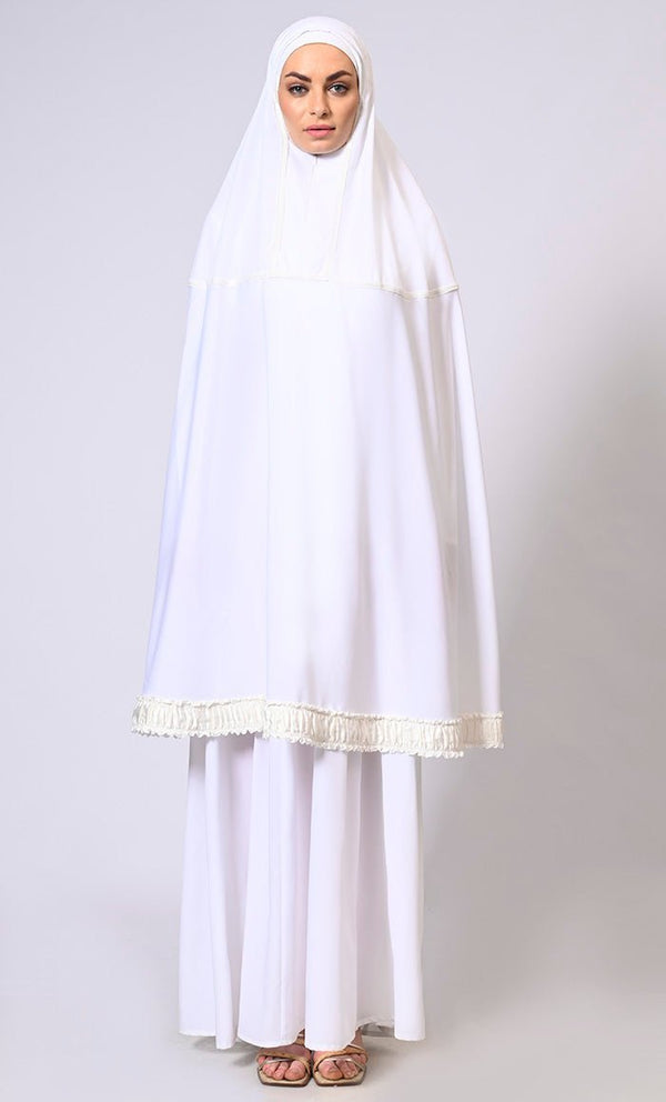 Women's White Khimar Ensemble Enhanced by Satin Frill Lace - Final Sale - EastEssence.com
