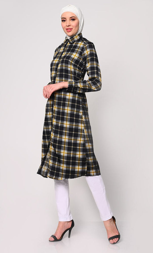 Wome's Plaid Shirt Tunic With Dual Pockets - EastEssence.com