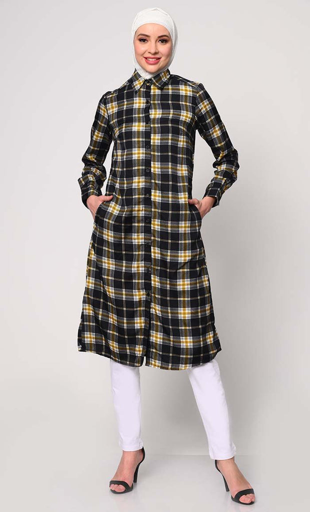 Wome's Plaid Shirt Tunic With Dual Pockets - EastEssence.com