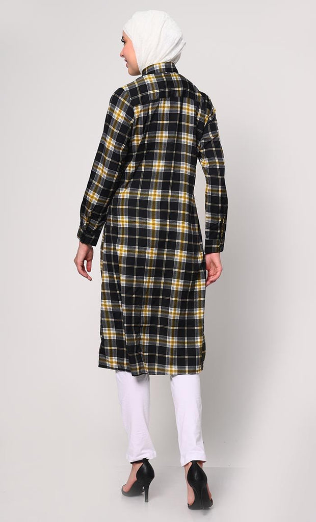 Wome's Plaid Shirt Tunic With Dual Pockets - EastEssence.com