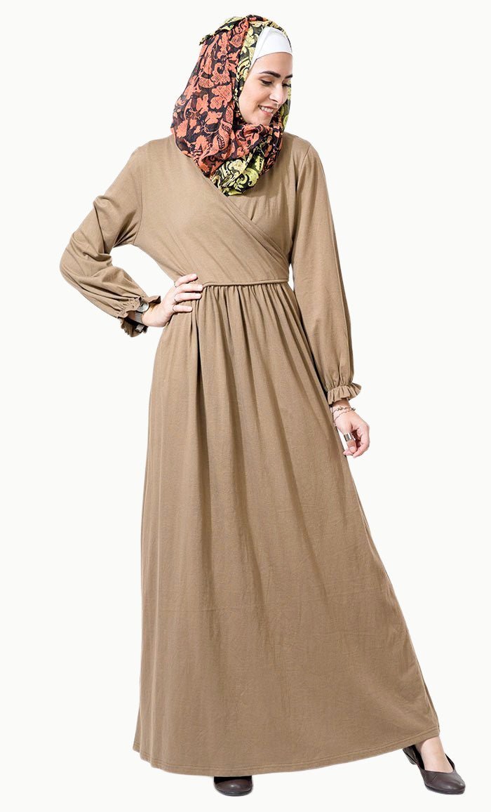 Wrap around and ruffled edged seeves detail abaya dress - EastEssence.com