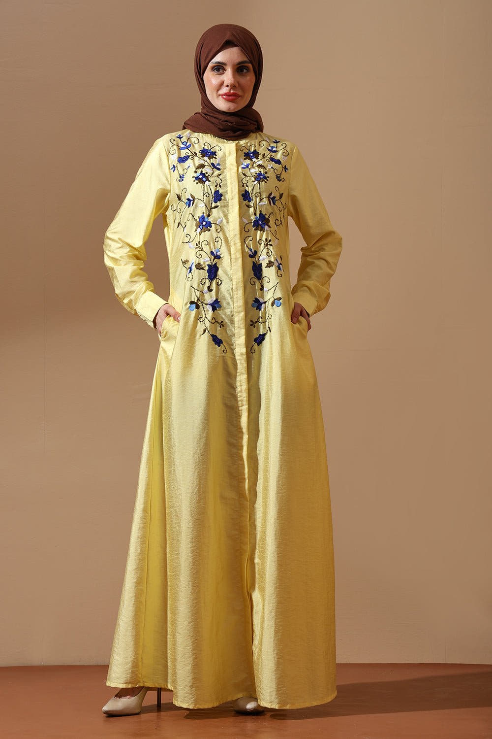 Yellow Embroidered Abaya with Blue Floral Detail
