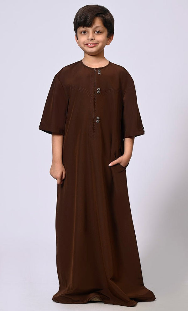 Zip - Up Boy's Brown Thobe with Show Buttons and Stitch Detail - EastEssence.com