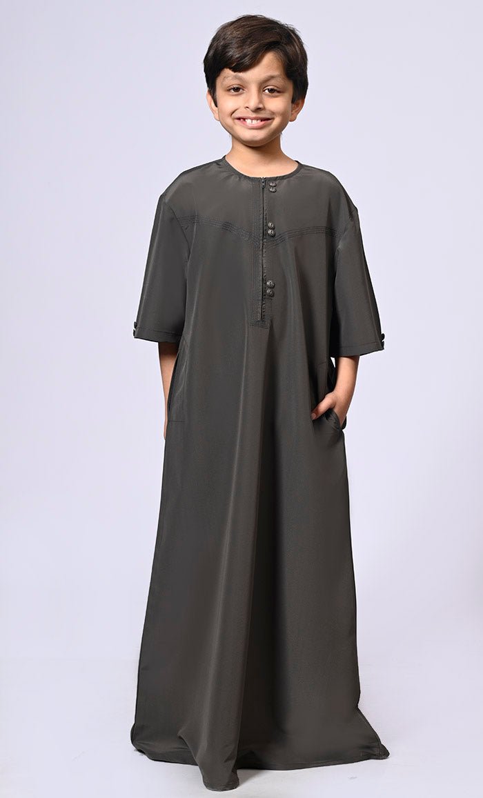 Zip - Up Boy's Grey Thobe with Show Buttons and Stitch Detail - EastEssence.com