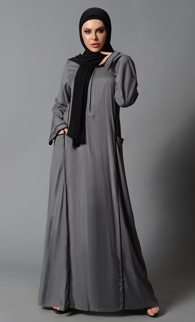 Zipper detail and contrast color trims basic abaya dress - Final Sale - EastEssence.com