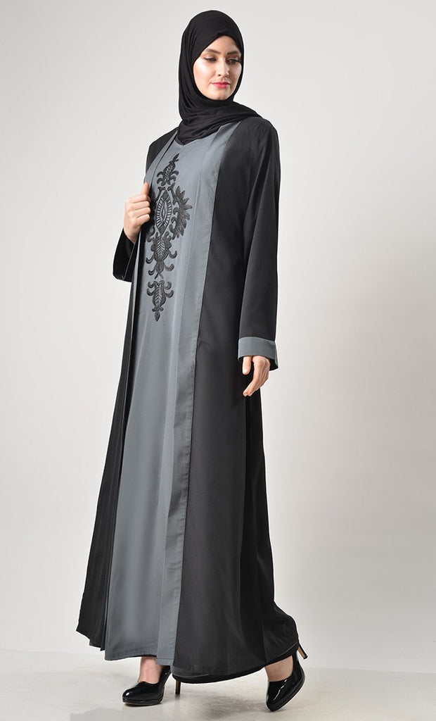 2 Layer Set Abaya-Grey & Black - EastEssence.com