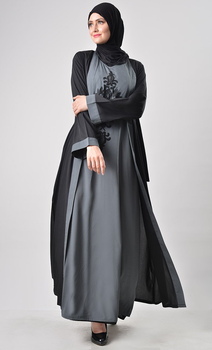 2 Layer Set Abaya-Grey & Black - EastEssence.com
