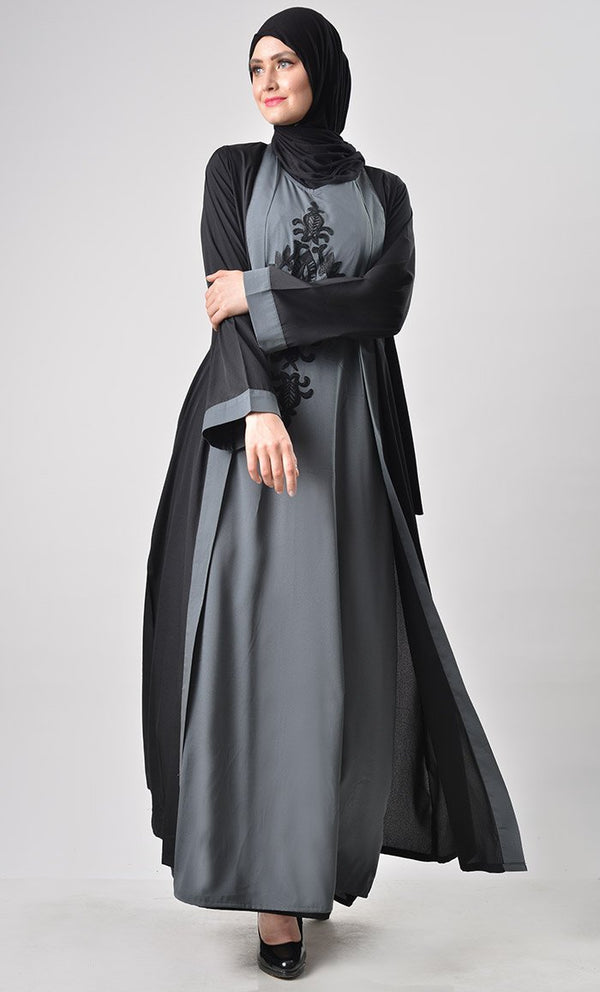 2 Layer Set Abaya-Grey & Black - EastEssence.com