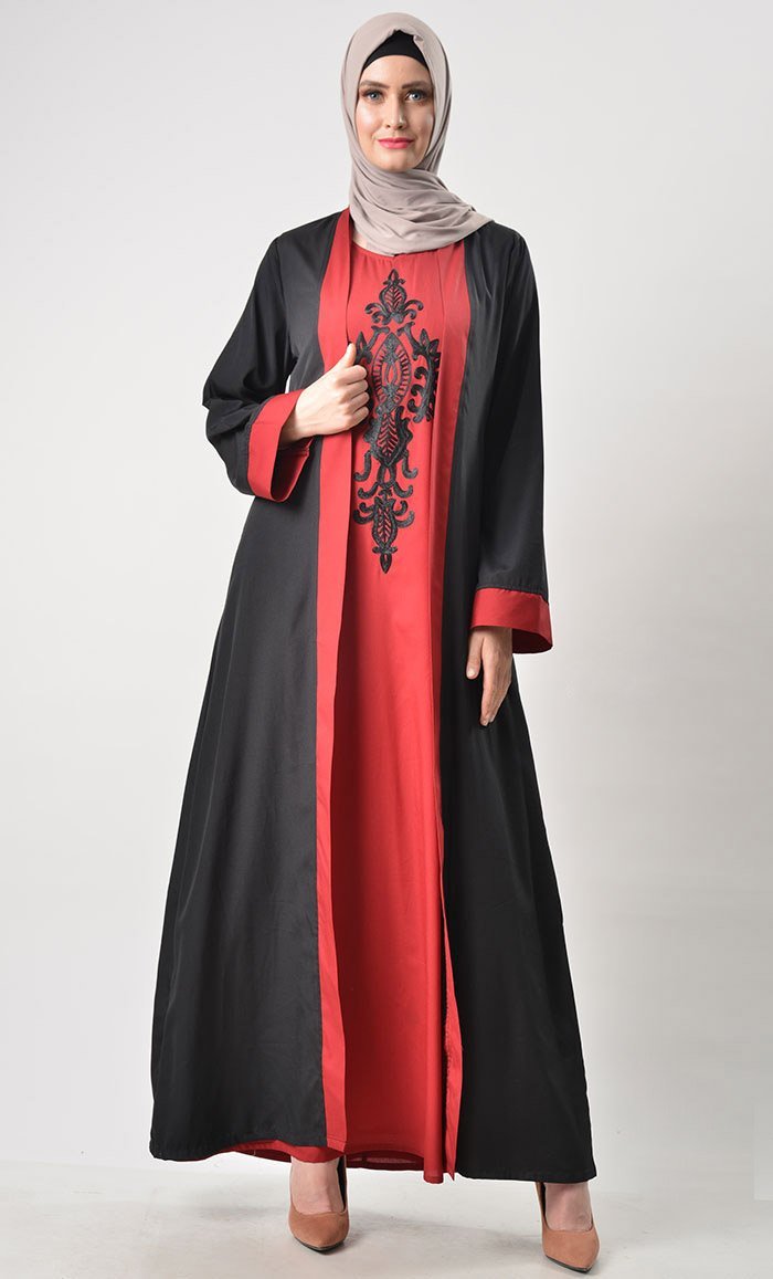 2 Layer Set Abaya-Maroon & Black - EastEssence.com