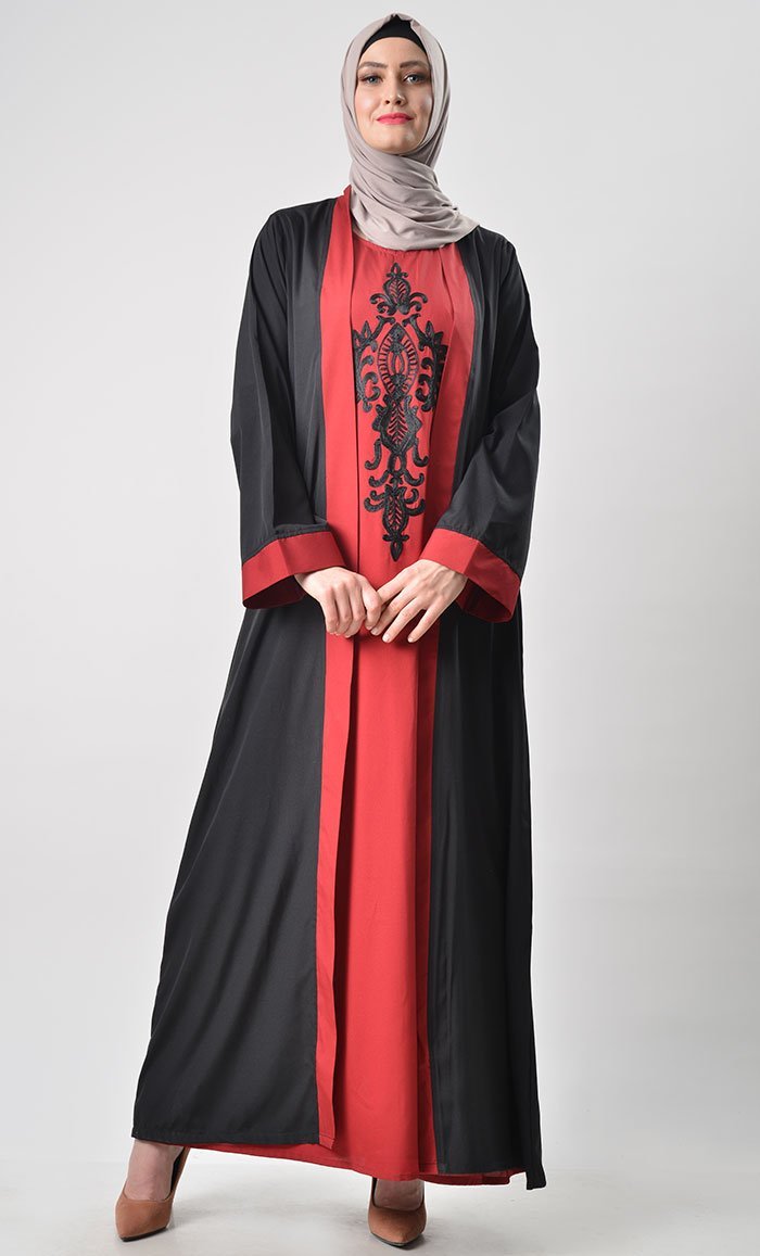 2 Layer Set Abaya-Maroon & Black - EastEssence.com