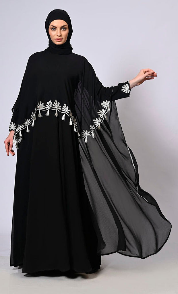 2 Pc Cape style Embroidered Black Abaya with Scalloped Edges and Tassels Detailing - EastEssence.com