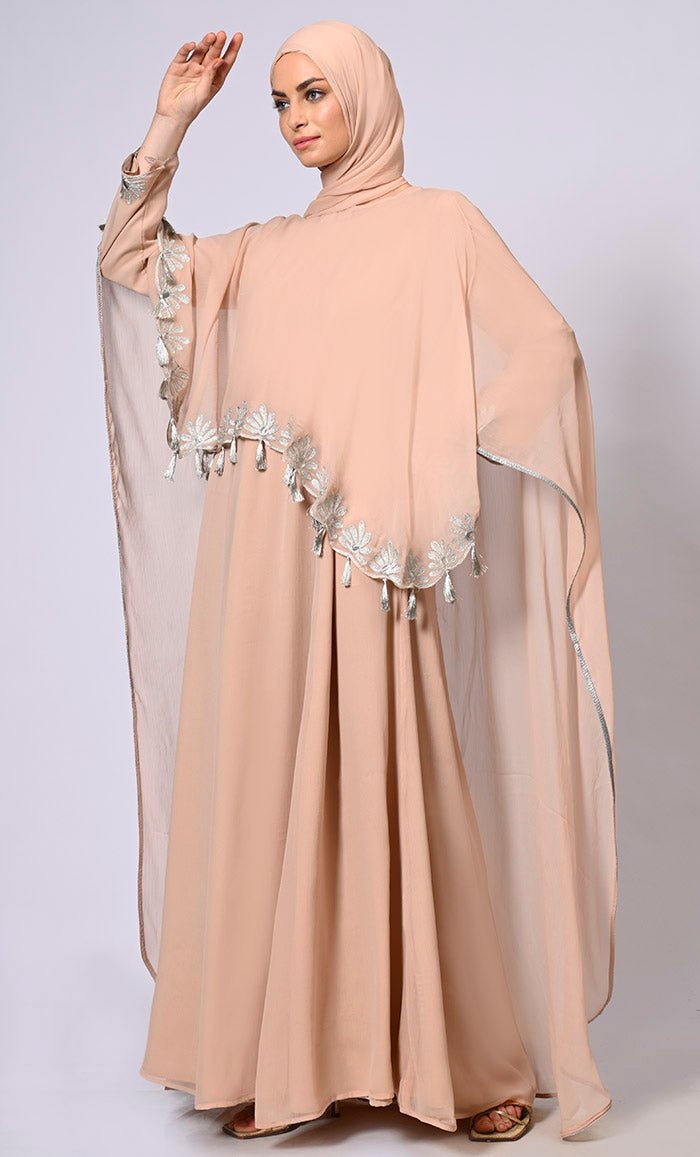 2 Pc Cape style Embroidered Black Abaya with Scalloped Edges and Tassels Detailing - EastEssence.com