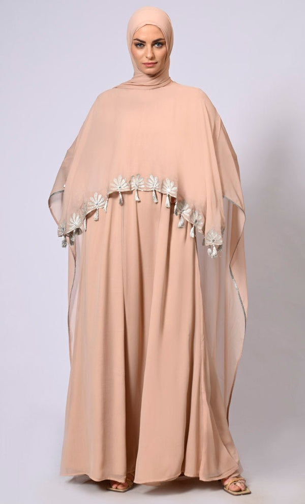 2 Pc Cape style Embroidered Black Abaya with Scalloped Edges and Tassels Detailing - EastEssence.com