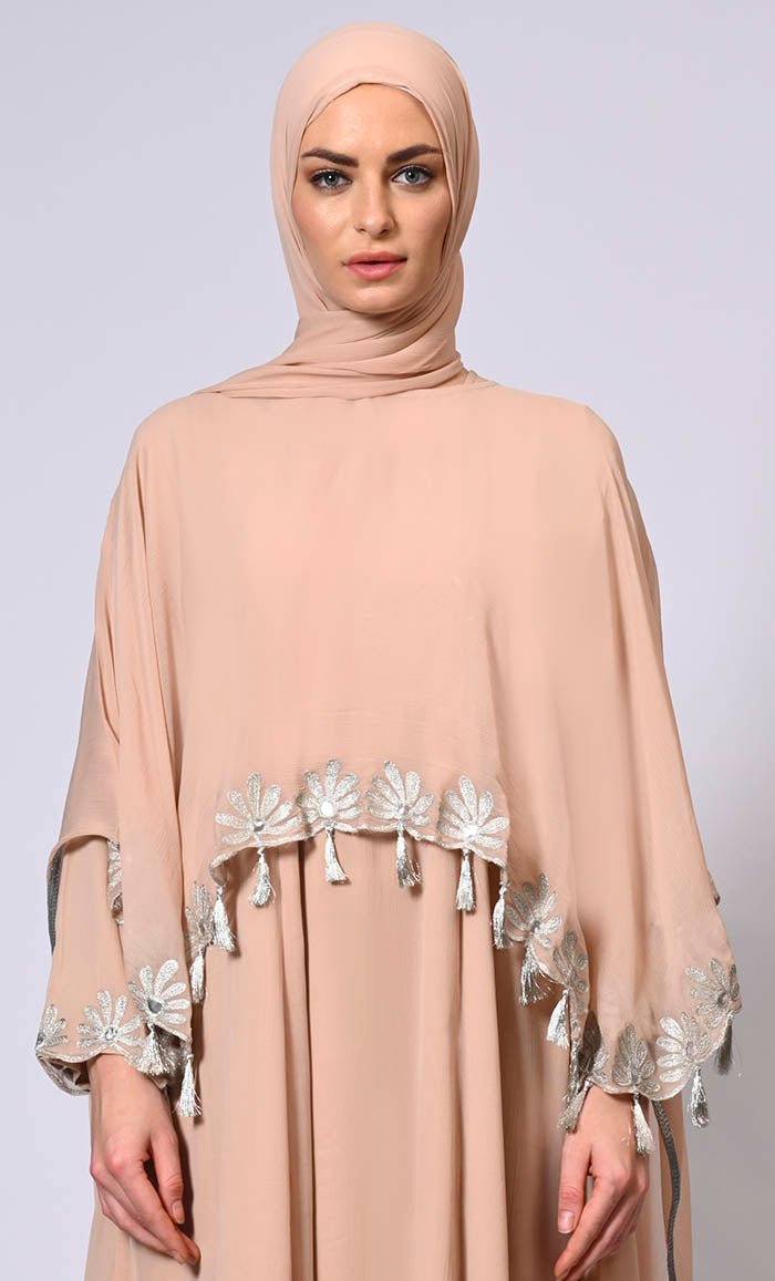 2 Pc Cape style Embroidered Black Abaya with Scalloped Edges and Tassels Detailing - EastEssence.com