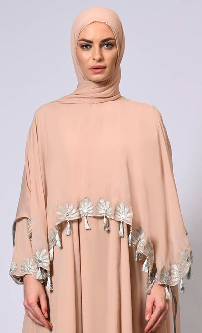 2 Pc Cape style Embroidered Black Abaya with Scalloped Edges and Tassels Detailing - EastEssence.com