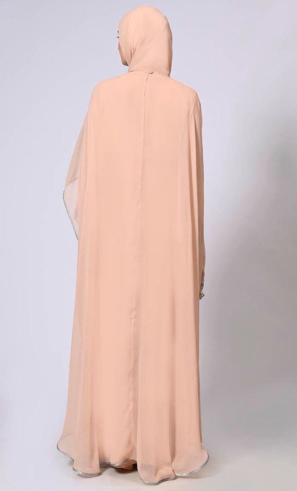 2 Pc Cape style Embroidered Black Abaya with Scalloped Edges and Tassels Detailing - EastEssence.com