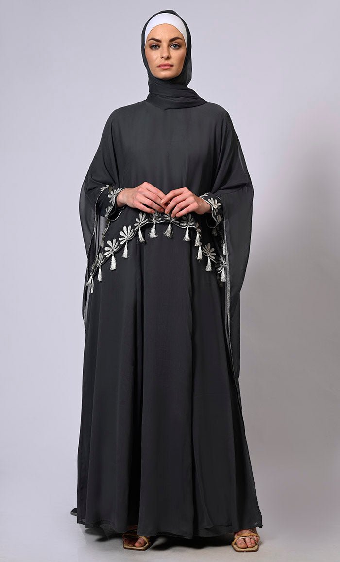 2 Pc Cape style Embroidered Grey Abaya with Scalloped Edges and Tassels Detailing - EastEssence.com