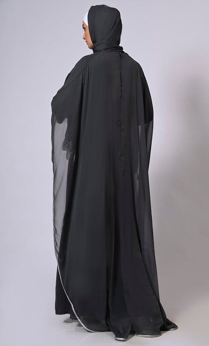 2 Pc Cape style Embroidered Grey Abaya with Scalloped Edges and Tassels Detailing - EastEssence.com