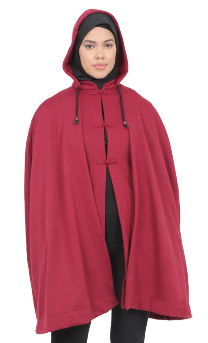 Women’s Maroon Fleece Hooded Jacket Kimono Sleeves