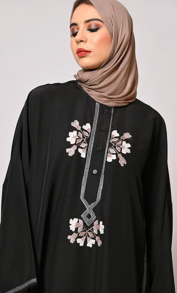 A Tapestry of Style: Black Embroidered Pheran Like Abaya - EastEssence.com