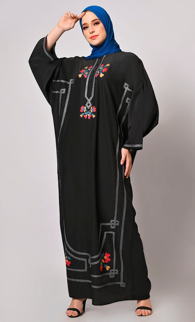 A Tapestry of Style: Embroidered Pheran like Abaya with straight sleeves - EastEssence.com