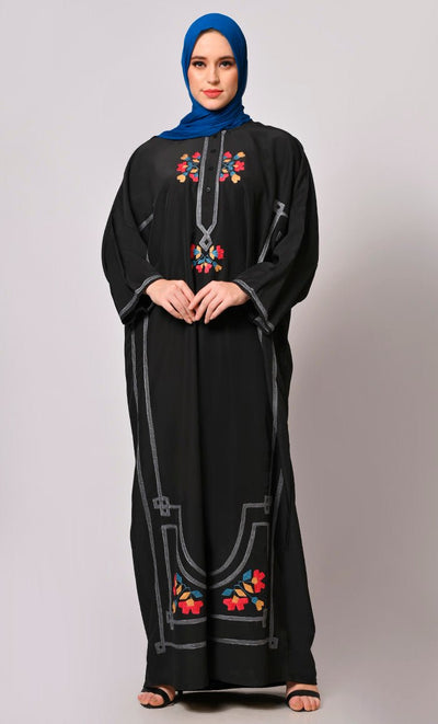 A Tapestry of Style: Embroidered Pheran like Abaya with straight sleeves - EastEssence.com