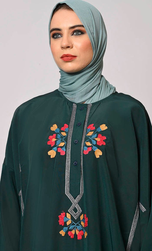 A Tapestry of Style: Hunter Green Embroidered Pheran like Abaya - EastEssence.com