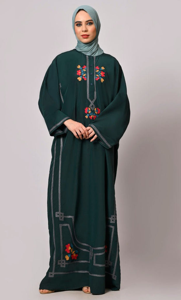 A Tapestry of Style: Hunter Green Embroidered Pheran like Abaya - EastEssence.com