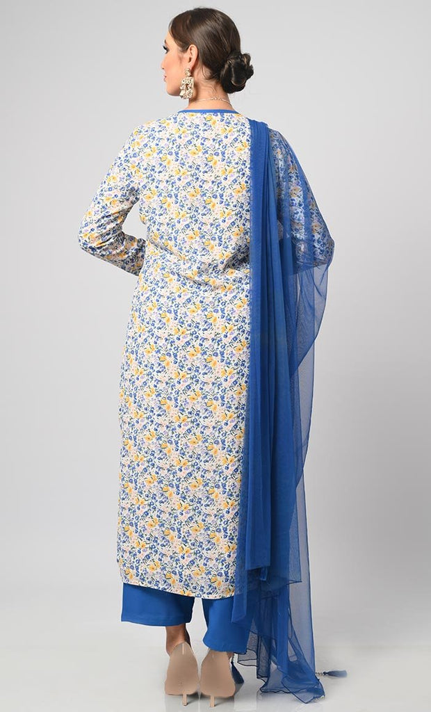 African Floral Printed Salwar Kameez Set With Net Dupatta-Included Pockets - EastEssence.com