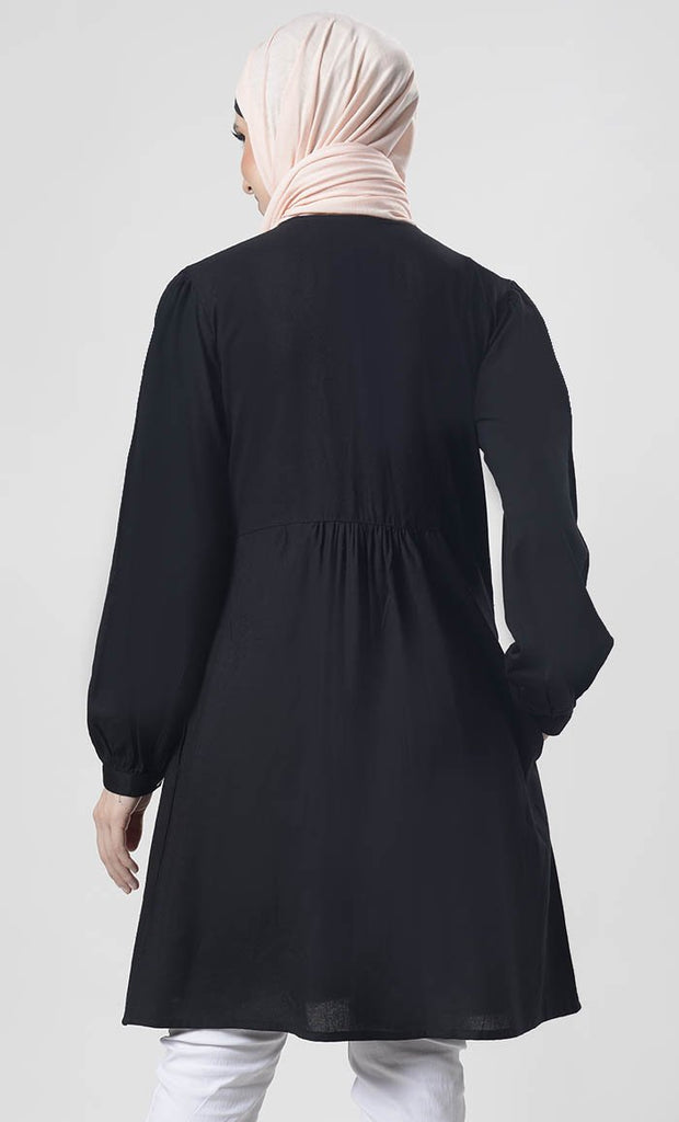 Amazing Black Hand Work Embroidered Front Open Button Tunic - EastEssence.com