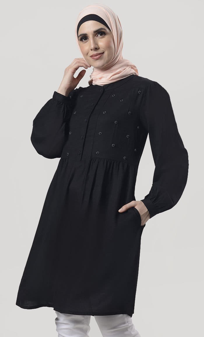 Black Hand Work Embroidered Front Open Button Tunic
